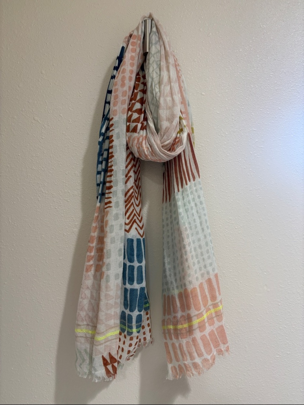 Vismaya Multicolor Printed Scarf in Navy, Peach & Neon Yellow